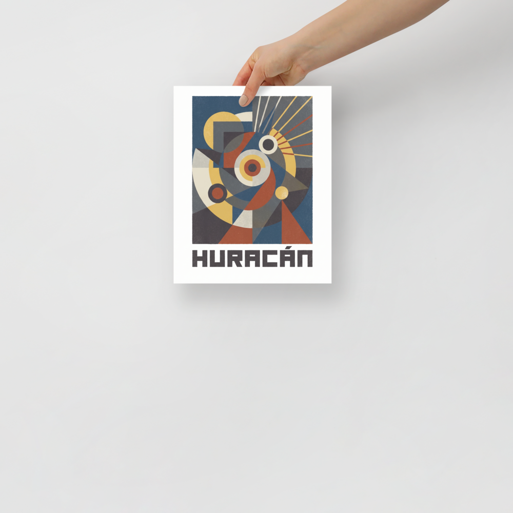 A geometric Bauhaus poster featuring abstract shapes and the word HURACÁN in an Office wall art setting. A Bauhaus print in slate gray and steel blue, 'Huracán Geometric Poster'.