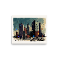 An expressive nocturnal cityscape with dark skyscraper silhouettes, glowing geometric windows, and a crescent moon against a teal sky, ideal for adding urban intrigue to an office or living room. 'City of the Crescent', a Dau-al-Set print for the wall.
