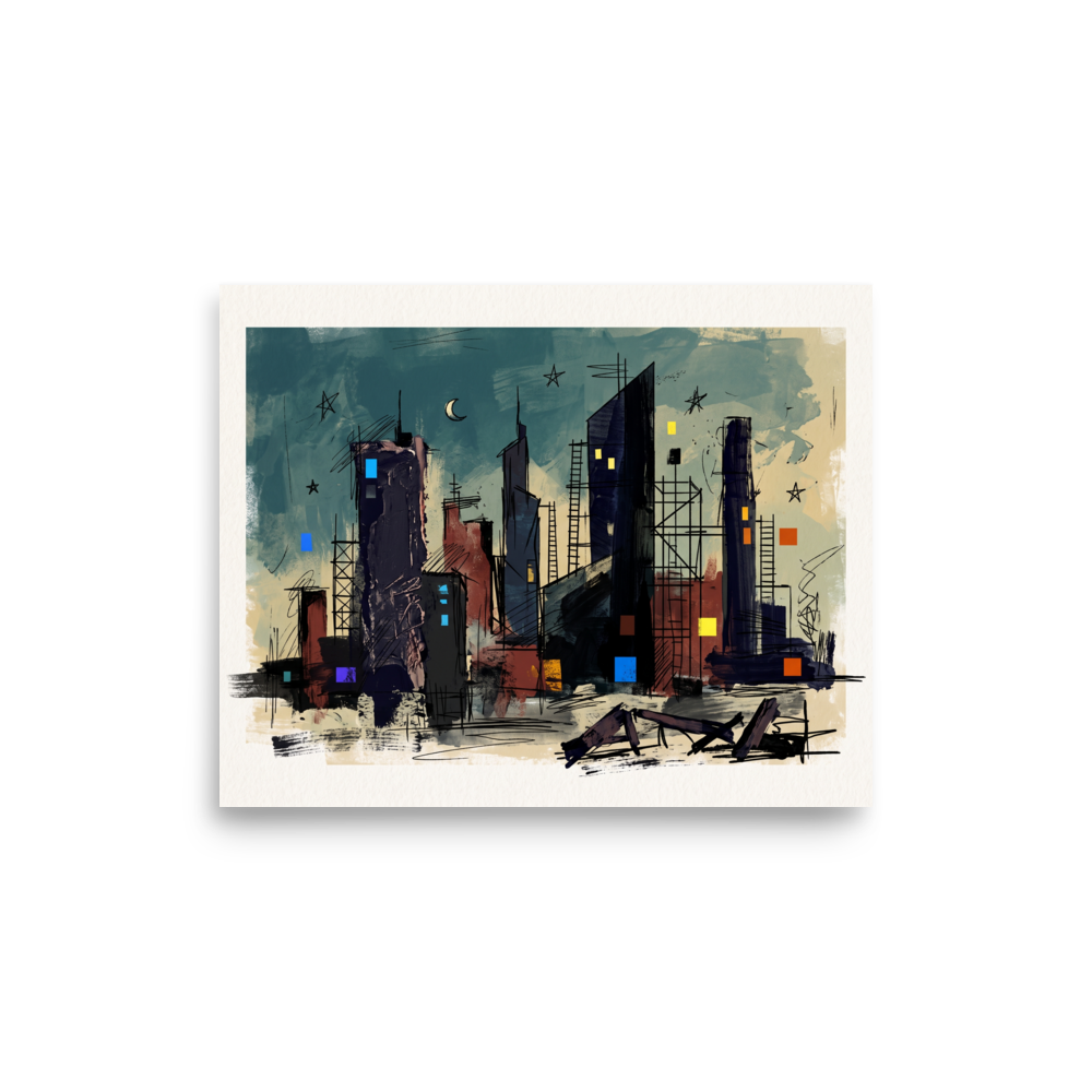 An expressive nocturnal cityscape with dark skyscraper silhouettes, glowing geometric windows, and a crescent moon against a teal sky, ideal for adding urban intrigue to an office or living room. 'City of the Crescent', a Dau-al-Set print for the wall.