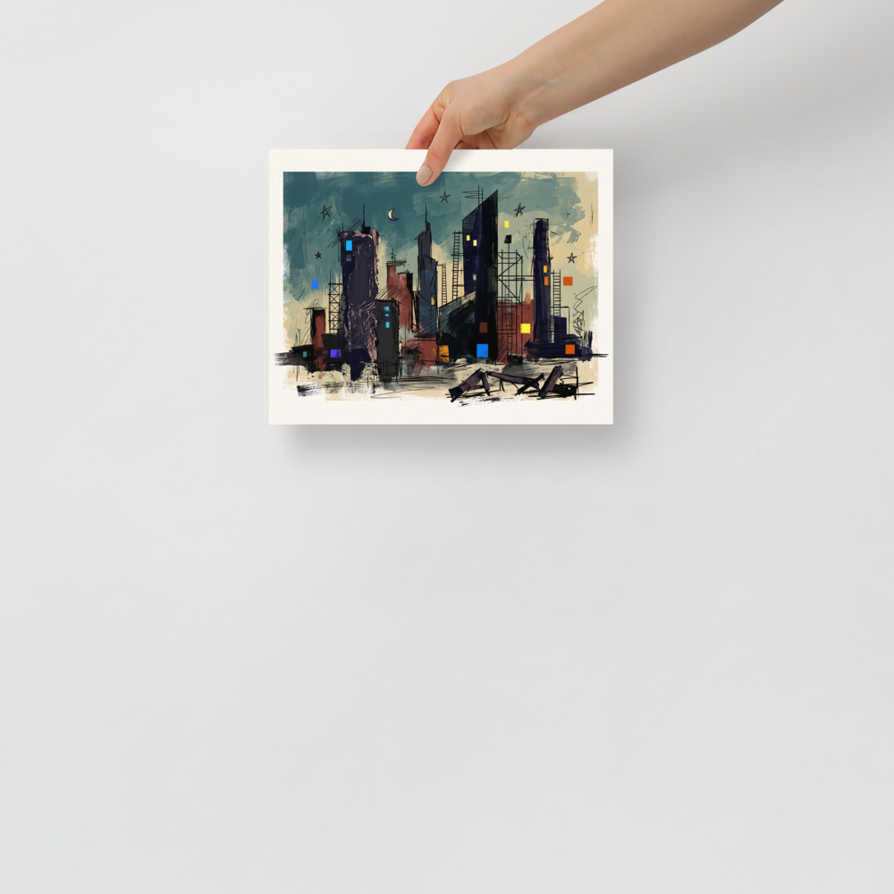 An expressive nocturnal cityscape with dark skyscraper silhouettes, glowing geometric windows, and a crescent moon against a teal sky, ideal for adding urban intrigue to an office or living room. A Dau-al-Set art print titled 'City of the Crescent'.