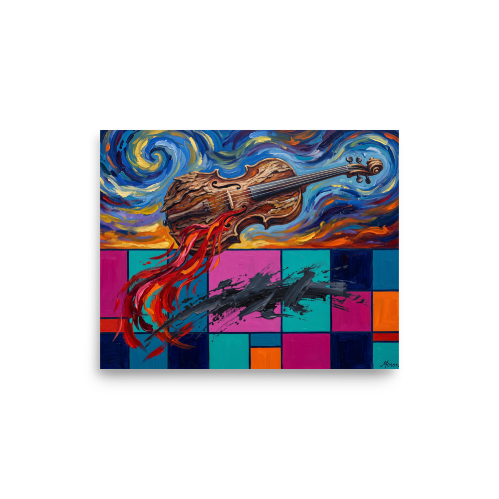 Wall art print 'Symphony of Two Realms' in a Post-Impressionism style. Expressive musical art print featuring a floating wooden violin with swirling starry sky and modern color-blocked grid for a living room wall.