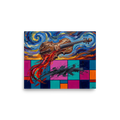 Wall art print 'Symphony of Two Realms' in a Post-Impressionism style. Expressive musical art print featuring a floating wooden violin with swirling starry sky and modern color-blocked grid for a living room wall.