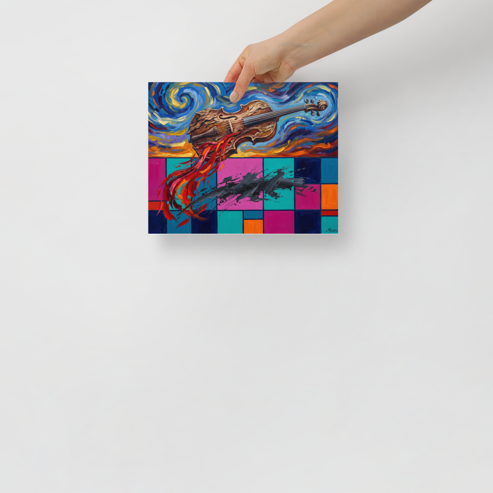 'Symphony of Two Realms'. Expressive musical art print featuring a floating wooden violin with swirling starry sky and modern color-blocked grid for a living room wall. Offered as a Post-Impressionism print.
