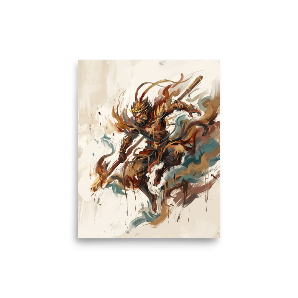 Wall art print 'Sun Wukong Unleashed' in a Expressionism style. Expressive painterly print of Sun Wukong the Monkey King in dynamic action, ideal for a living room wall.