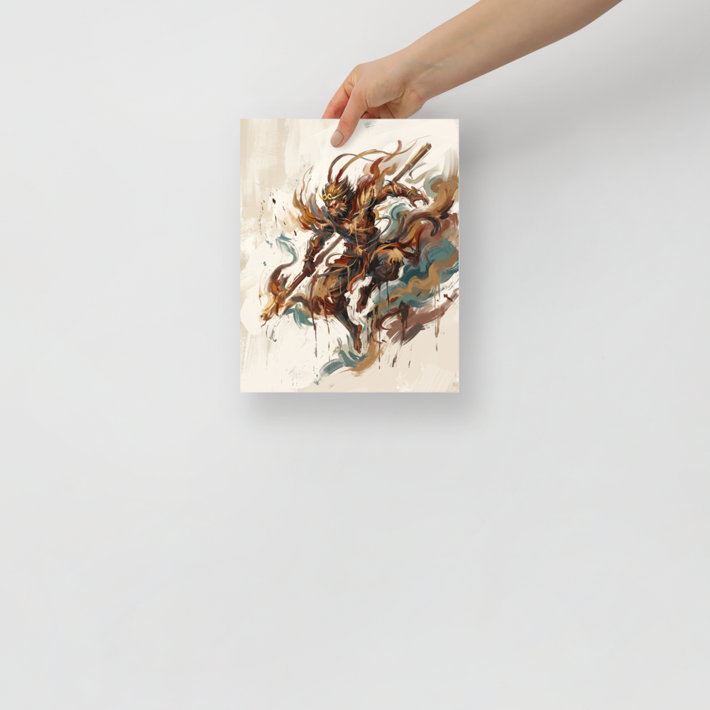 Expressive painterly print of Sun Wukong the Monkey King in dynamic action, ideal for a living room wall. A Expressionism print with a freehand brush work look, titled 'Sun Wukong Unleashed'.