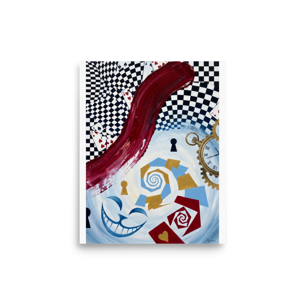 Surreal painting featuring playing cards, a pocket watch, and a Cheshire cat grin ideal for a game room. A Surrealism print in crimson and black, 'Through the Looking Glass'.