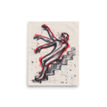 'Descent in Motion', Expressionism wall art in black and red. Expressionist art print of a figure tumbling down stairs with red motion blur outlines, ideal for hallway wall art.