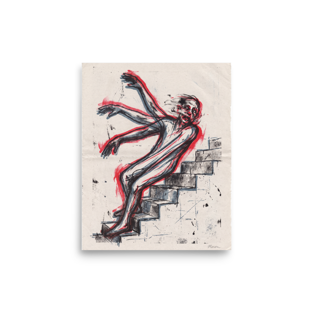 'Descent in Motion', Expressionism wall art in black and red. Expressionist art print of a figure tumbling down stairs with red motion blur outlines, ideal for hallway wall art.