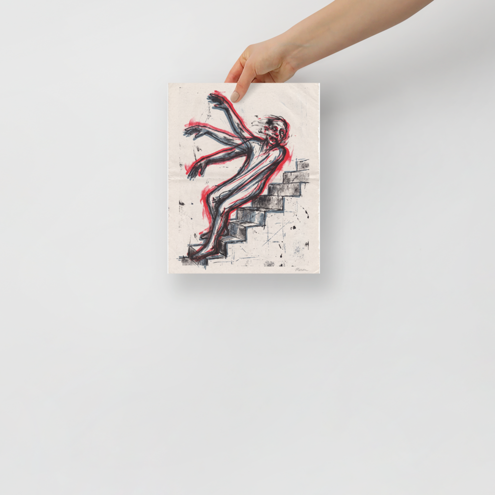 'Descent in Motion', Expressionism wall art in black and red. Expressionist art print of a figure tumbling down stairs with red motion blur outlines, ideal for hallway wall art.