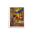 A warm interior painting of a woman sitting at a table with a cup of tea looking out a bright window framed by decorative wallpaper, creating a cozy focal point for a dining room or kitchen. Shown here as the Les Nabis print 'Morning Window'.