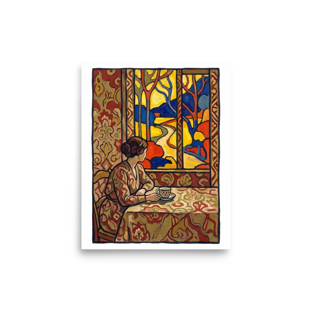A warm interior painting of a woman sitting at a table with a cup of tea looking out a bright window framed by decorative wallpaper, creating a cozy focal point for a dining room or kitchen. Shown here as the Les Nabis print 'Morning Window'.