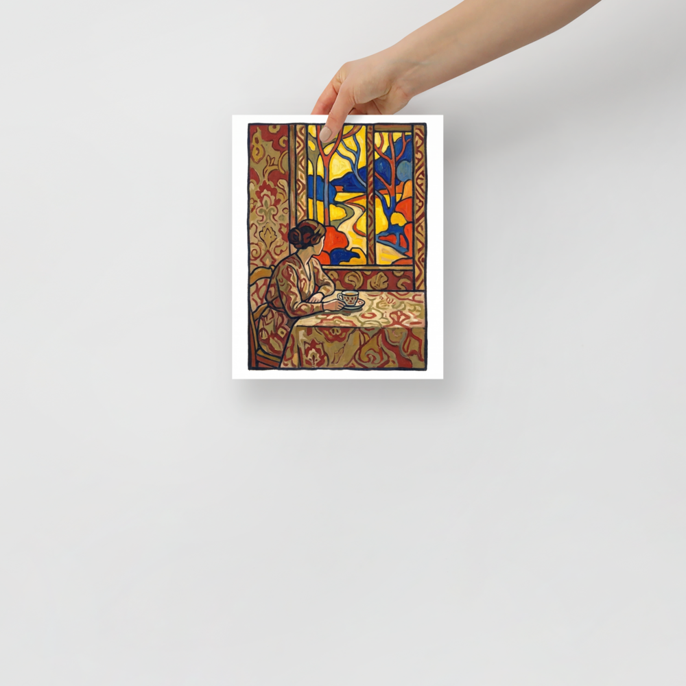 A warm interior painting of a woman sitting at a table with a cup of tea looking out a bright window framed by decorative wallpaper, creating a cozy focal point for a dining room or kitchen. Available as the Les Nabis art print 'Morning Window'.