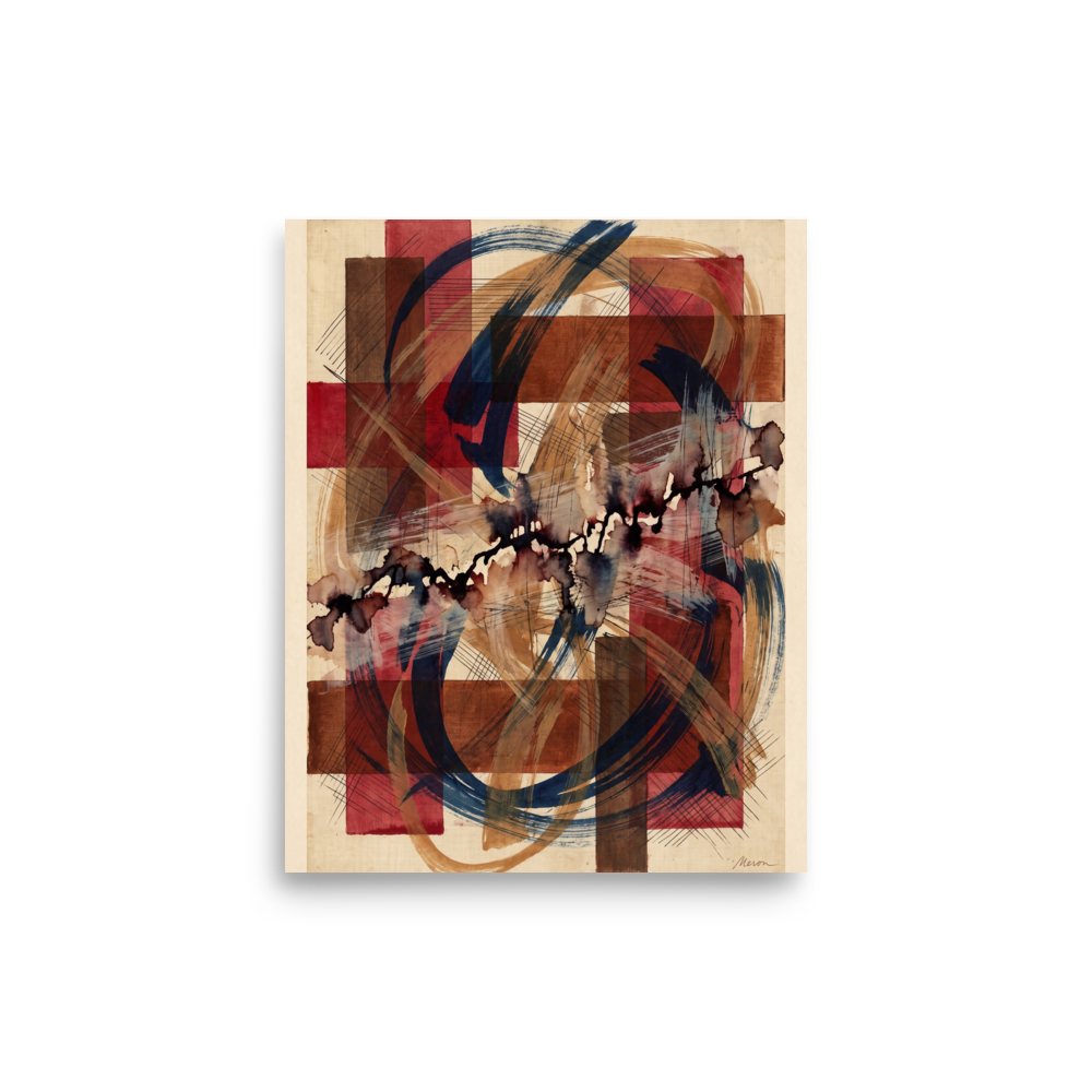 An intricate abstract art print with crimson grid blocks, navy brush strokes, and cross-hatching linework styled on a studio wall. A Geometric abstract art print with a ink wash painting look, titled 'Crimson Lattice'.