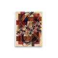 An intricate abstract art print with crimson grid blocks, navy brush strokes, and cross-hatching linework styled on a studio wall. A Geometric abstract art print with a ink wash painting look, titled 'Crimson Lattice'.