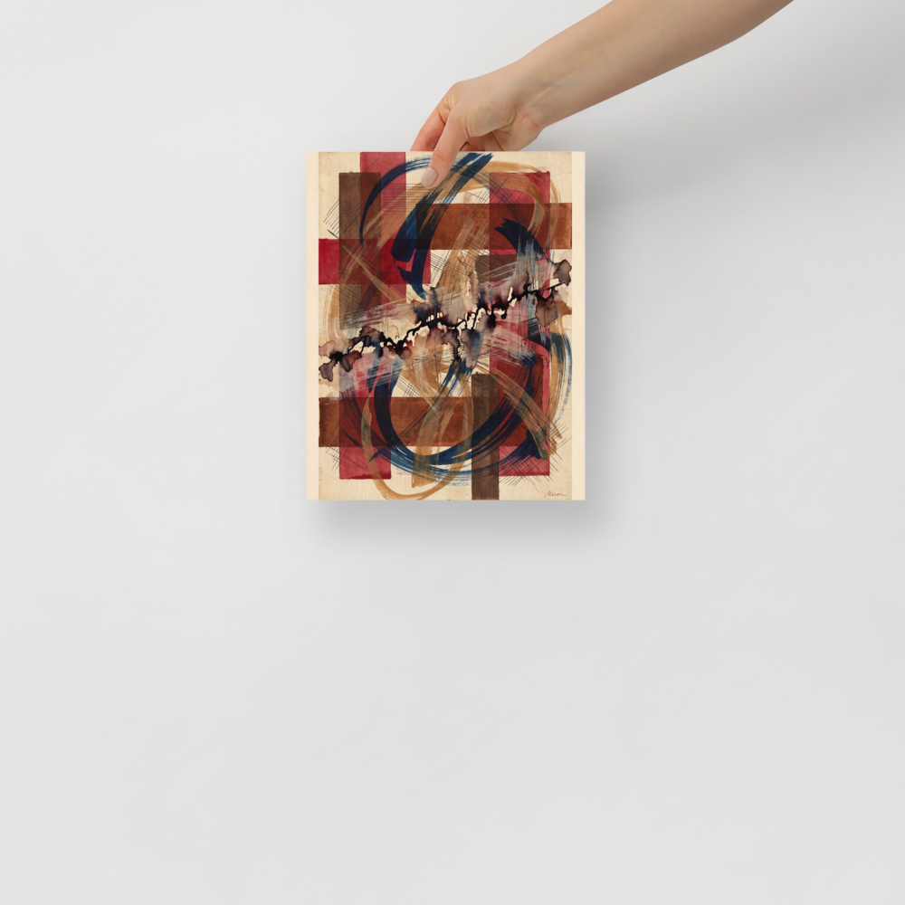 'Crimson Lattice', a Geometric abstract art wall art print. An intricate abstract art print with crimson grid blocks, navy brush strokes, and cross-hatching linework styled on a studio wall.