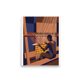 Artisan sitting at a wooden loom guiding a shuttle through weaving threads, perfect for a studio. Shown here as the Modernism print 'The Kente Weaver'.