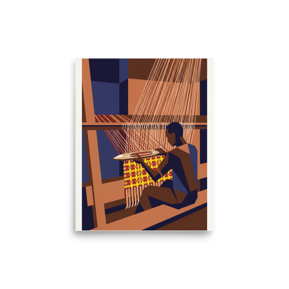 Artisan sitting at a wooden loom guiding a shuttle through weaving threads, perfect for a studio. Shown here as the Modernism print 'The Kente Weaver'.