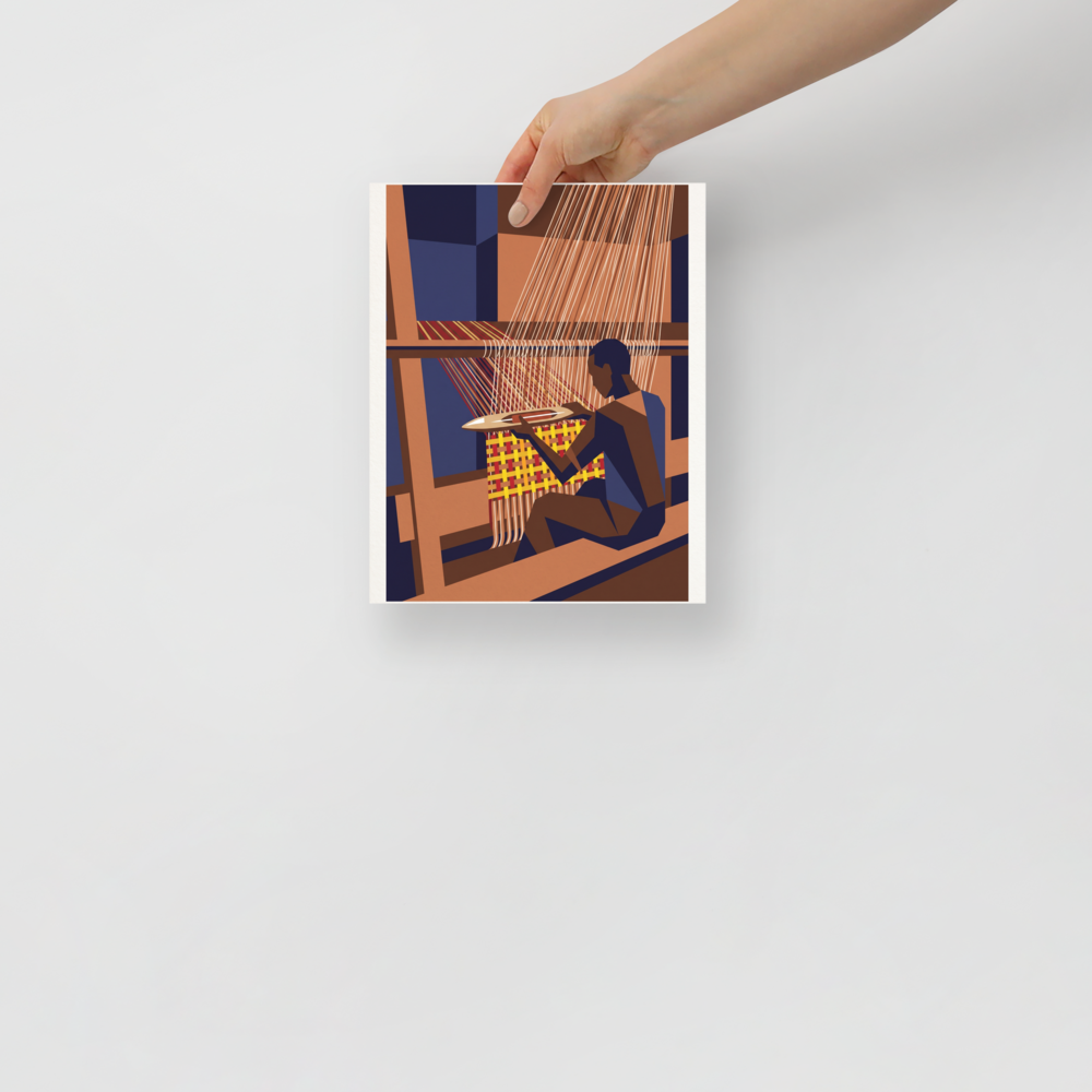 Artisan sitting at a wooden loom guiding a shuttle through weaving threads, perfect for a studio. 'The Kente Weaver', a Modernism print for the wall.