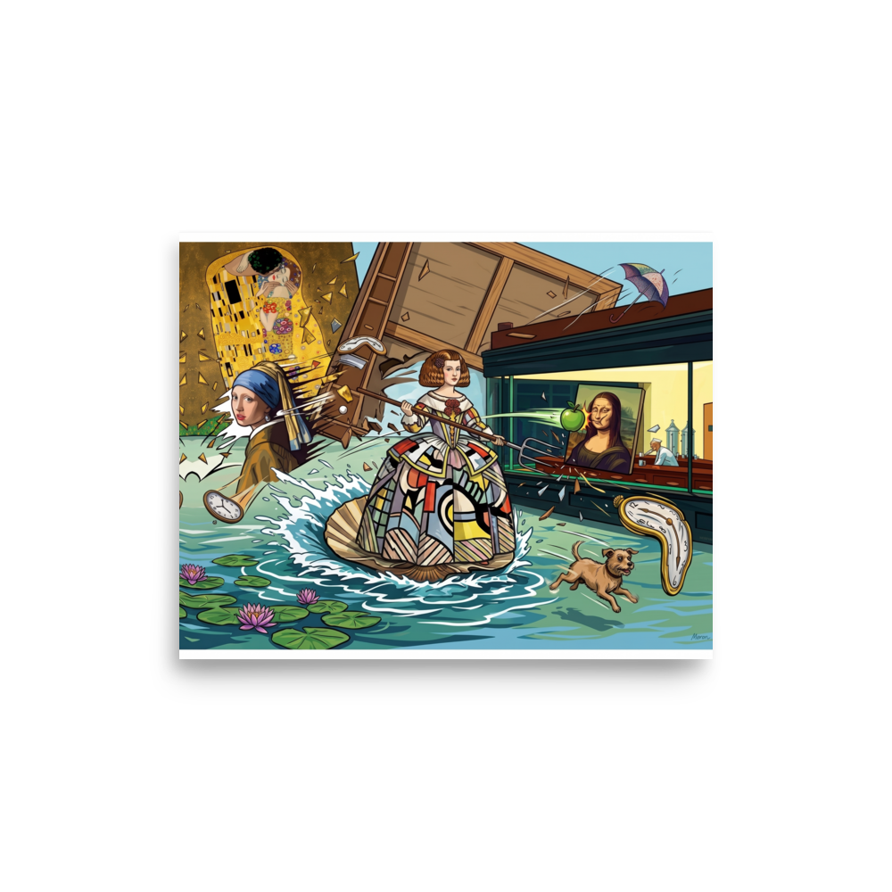 Fine art print 'Art History Collision' in a Pop art style. A playful pop art illustration featuring iconic masterpieces like the Mona Lisa, Girl with a Pearl Earring, and Klimt's The Kiss colliding in a flooded diner landscape, perfect for a game room.