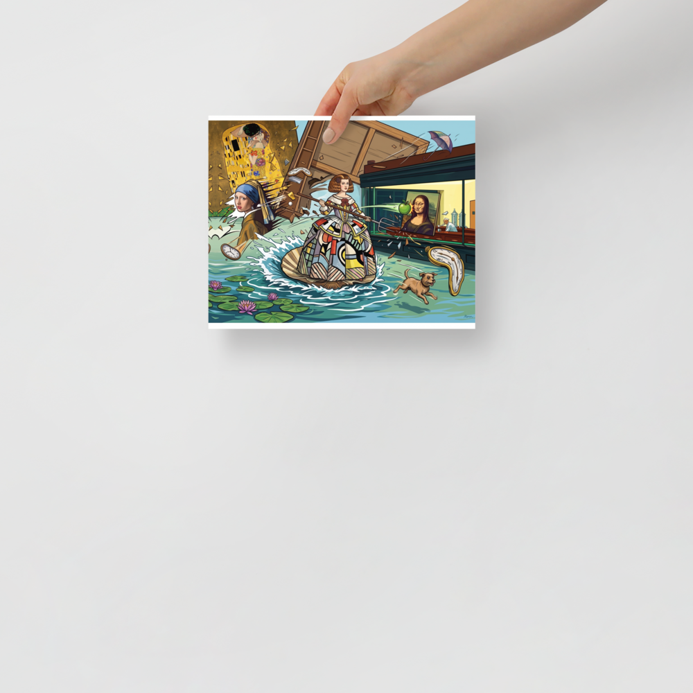 Pop art wall art, 'Art History Collision'. A playful pop art illustration featuring iconic masterpieces like the Mona Lisa, Girl with a Pearl Earring, and Klimt's The Kiss colliding in a flooded diner landscape, perfect for a game room.