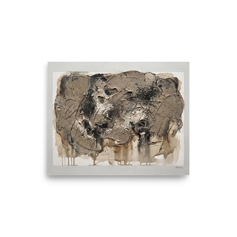 Arte Povera wall art for the living room, 'Earth and Sgraffito'. A heavily textured neutral clay relief canvas with sgraffito calligraphic marks in a living room wall art print.