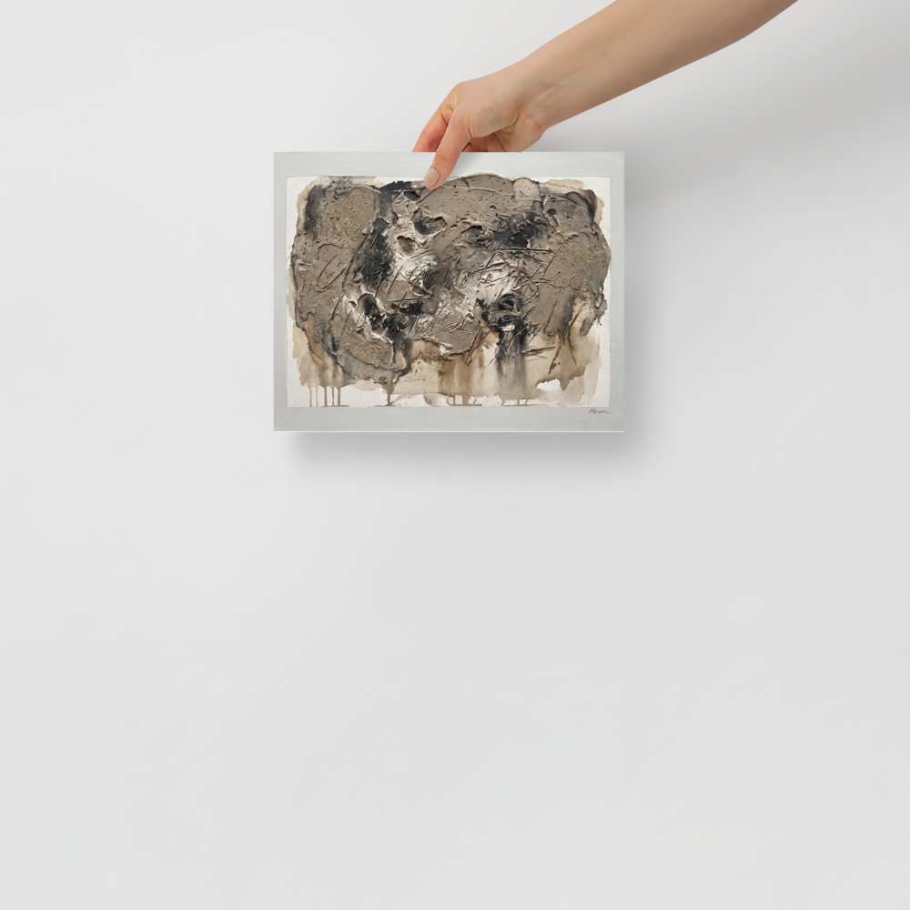 A heavily textured neutral clay relief canvas with sgraffito calligraphic marks in a living room wall art print. 'Earth and Sgraffito', a Arte Povera print for the wall.