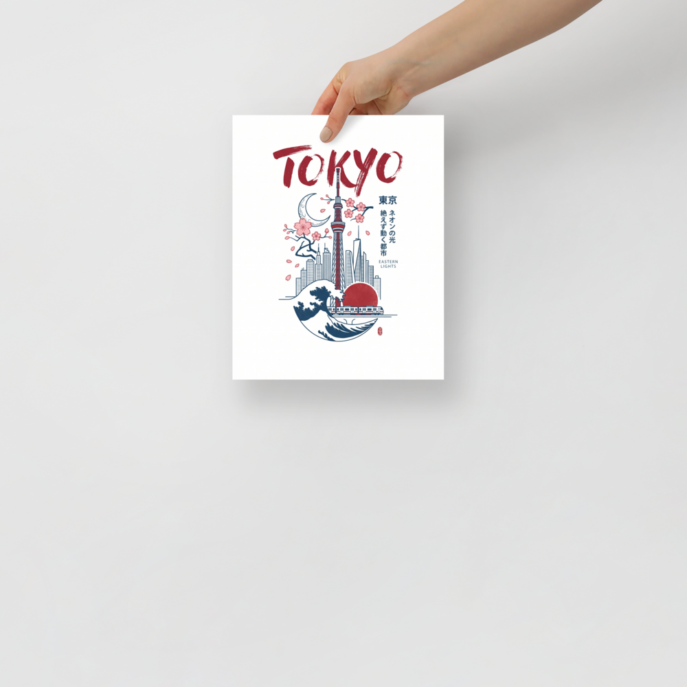 A lively / vibrant Shin hanga print, 'Tokyo Horizons'. An illustration of Tokyo combining skyscrapers, the Great Wave, a train, and cherry blossoms under bold red brush lettering, perfect for living room wall art.