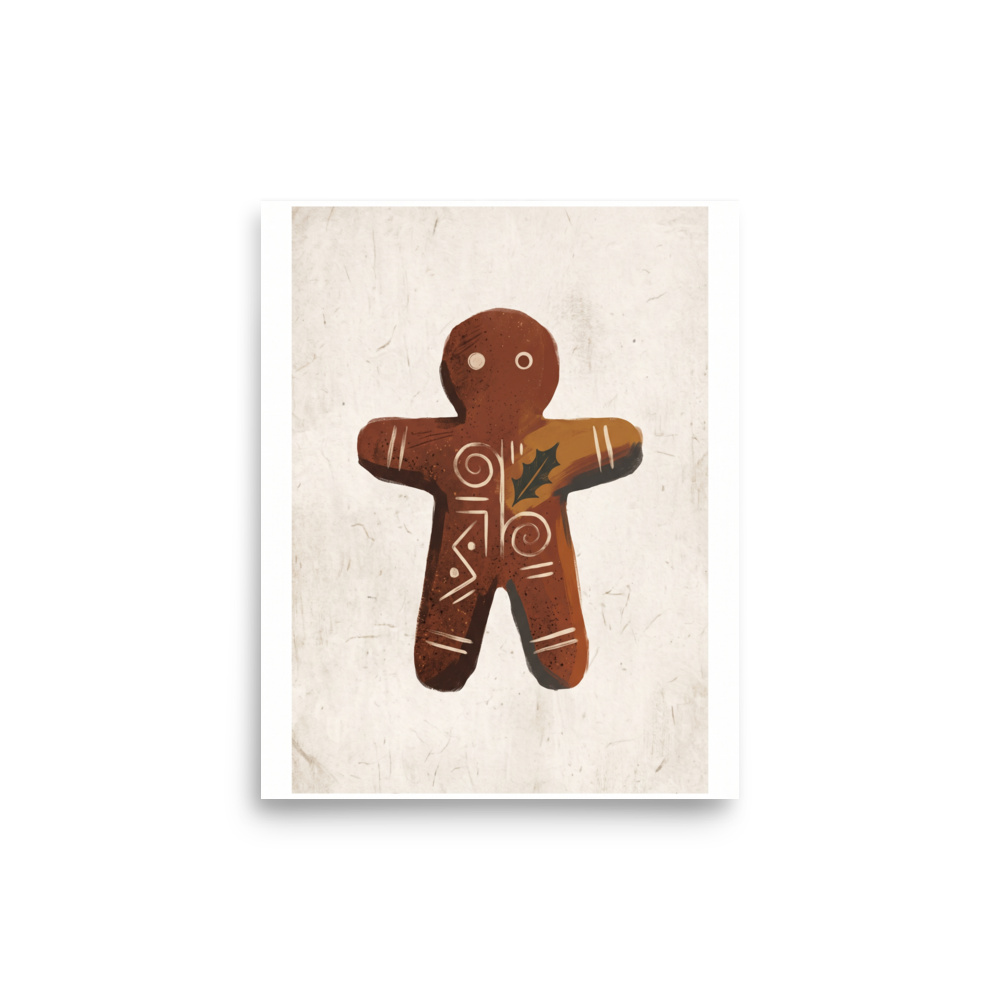 A minimalist folk illustration of a gingerbread figure with holly leaves on parchment paper for kitchen wall art. 'Gingerbread Rune', a Folk art print for the wall.