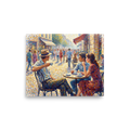 Pointillism wall art, 'Midday at the Bistro'. A Pointillist painting of figures seated at a sunny outdoor bistro cafe with dappled light in a Dining Room.