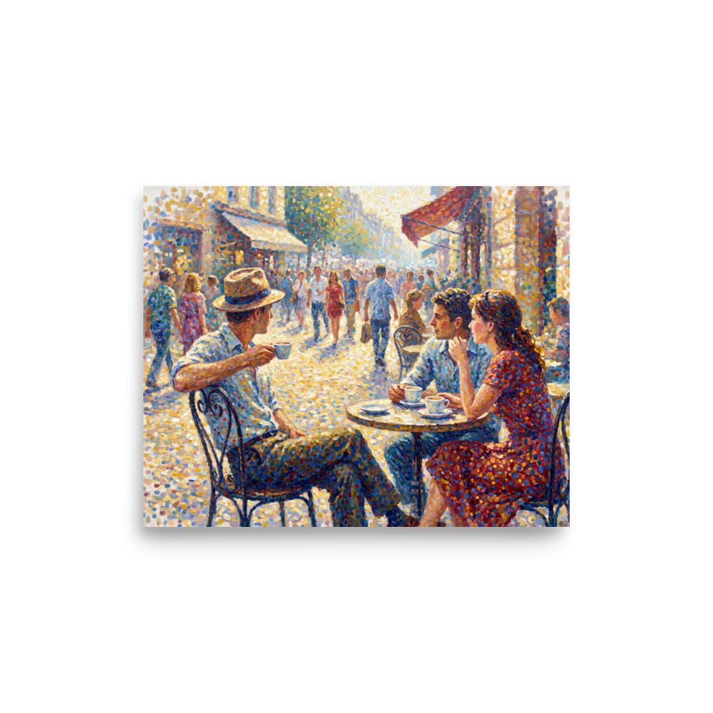 Pointillism wall art, 'Midday at the Bistro'. A Pointillist painting of figures seated at a sunny outdoor bistro cafe with dappled light in a Dining Room.