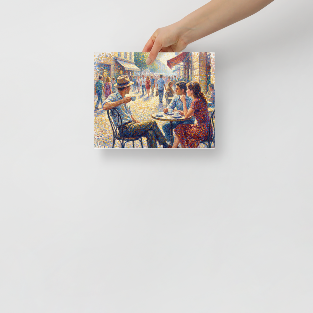 'Midday at the Bistro', a Pointillism wall art print. A Pointillist painting of figures seated at a sunny outdoor bistro cafe with dappled light in a Dining Room.