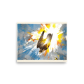 A dramatic print of a falcon diving headfirst with explosive yellow and white paint splashes, perfect as office wall art. A striking piece titled 'Terminal Stoop'.