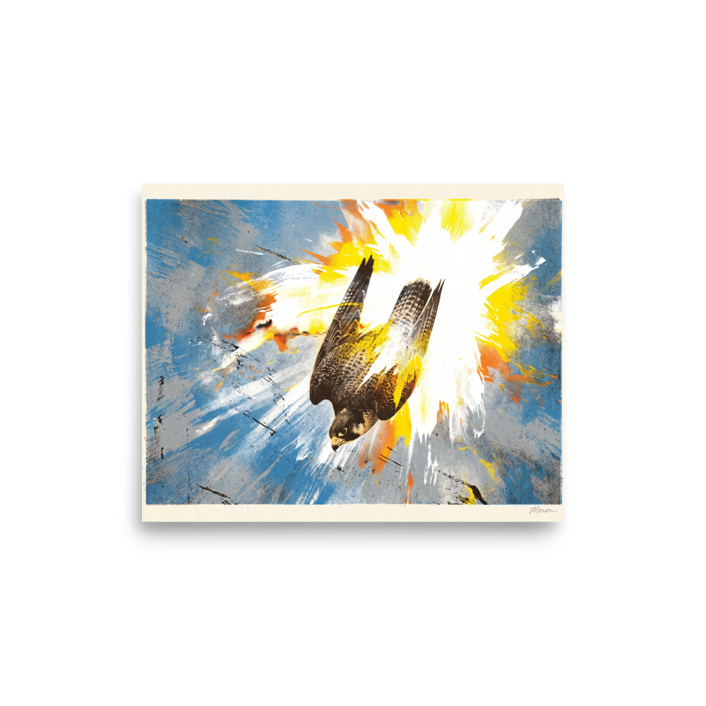 A dramatic print of a falcon diving headfirst with explosive yellow and white paint splashes, perfect as office wall art. A striking piece titled 'Terminal Stoop'.