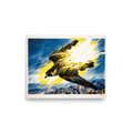 A dynamic print of a falcon swooping through the sky with yellow paint splatters, perfect as office wall art. Shown here as the Pop art print 'Velocity'.