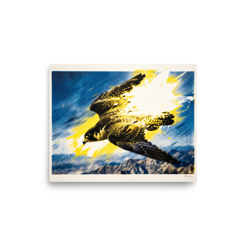 A dynamic print of a falcon swooping through the sky with yellow paint splatters, perfect as office wall art. Shown here as the Pop art print 'Velocity'.