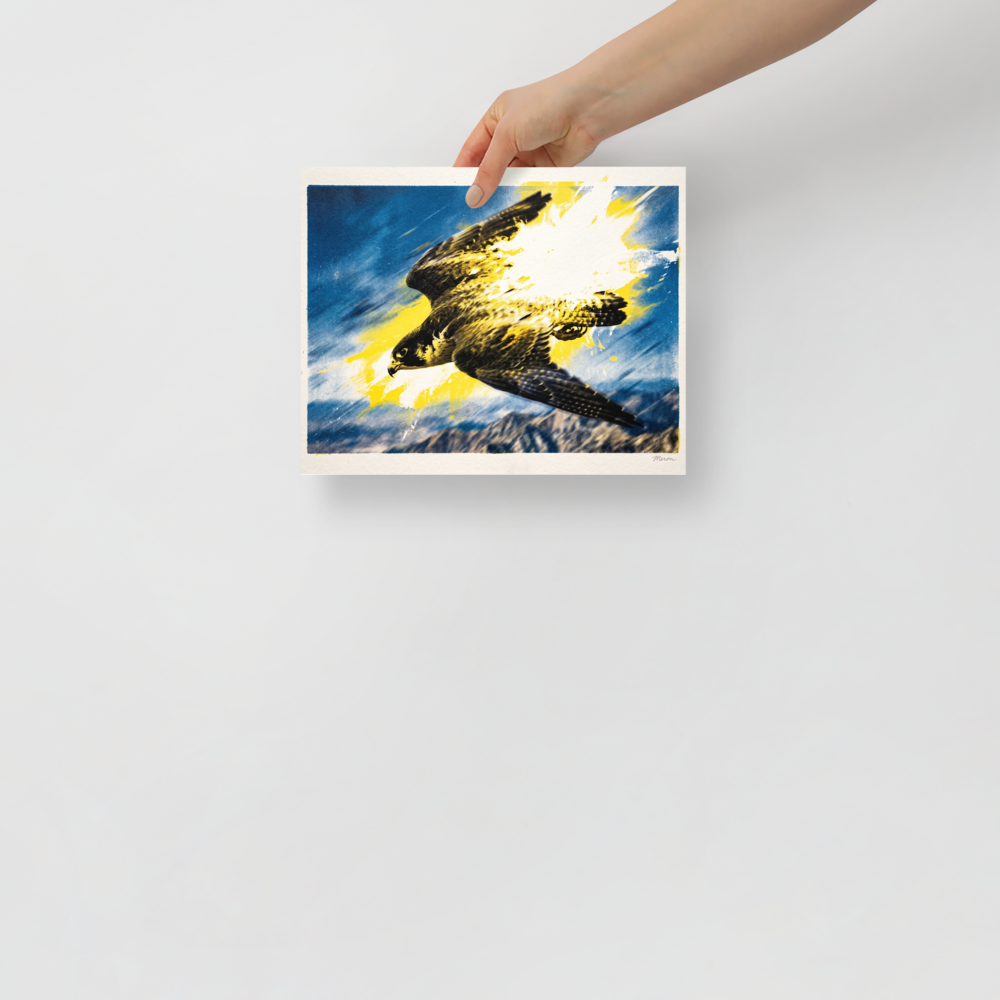 Pop art wall art exploring animals, 'Velocity'. A dynamic print of a falcon swooping through the sky with yellow paint splatters, perfect as office wall art.