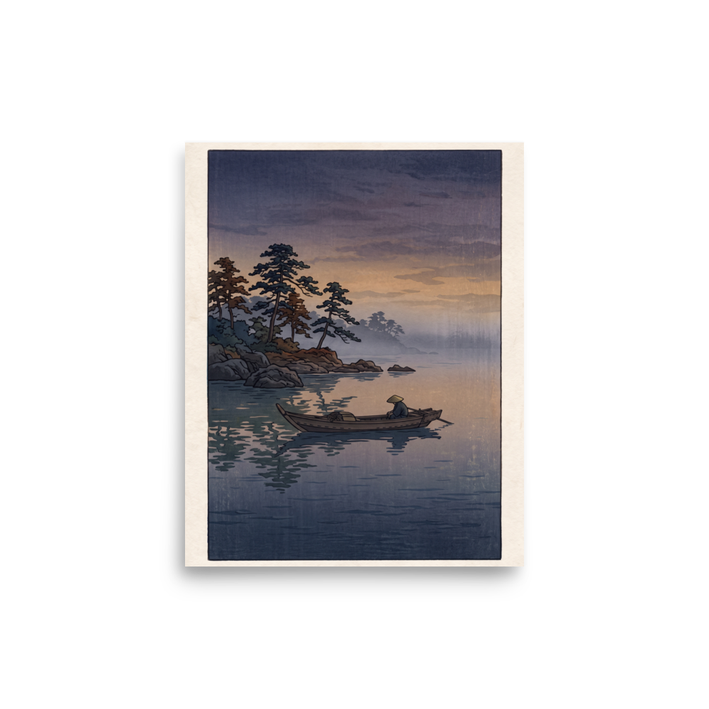 'Fisherman at Twilight'. A lone fisherman sits in a wooden boat on a misty calm lake at twilight near pine-lined rocks, creating a tranquil atmosphere for a bedroom. Offered as a Shin hanga print.