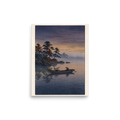 'Fisherman at Twilight'. A lone fisherman sits in a wooden boat on a misty calm lake at twilight near pine-lined rocks, creating a tranquil atmosphere for a bedroom. Offered as a Shin hanga print.