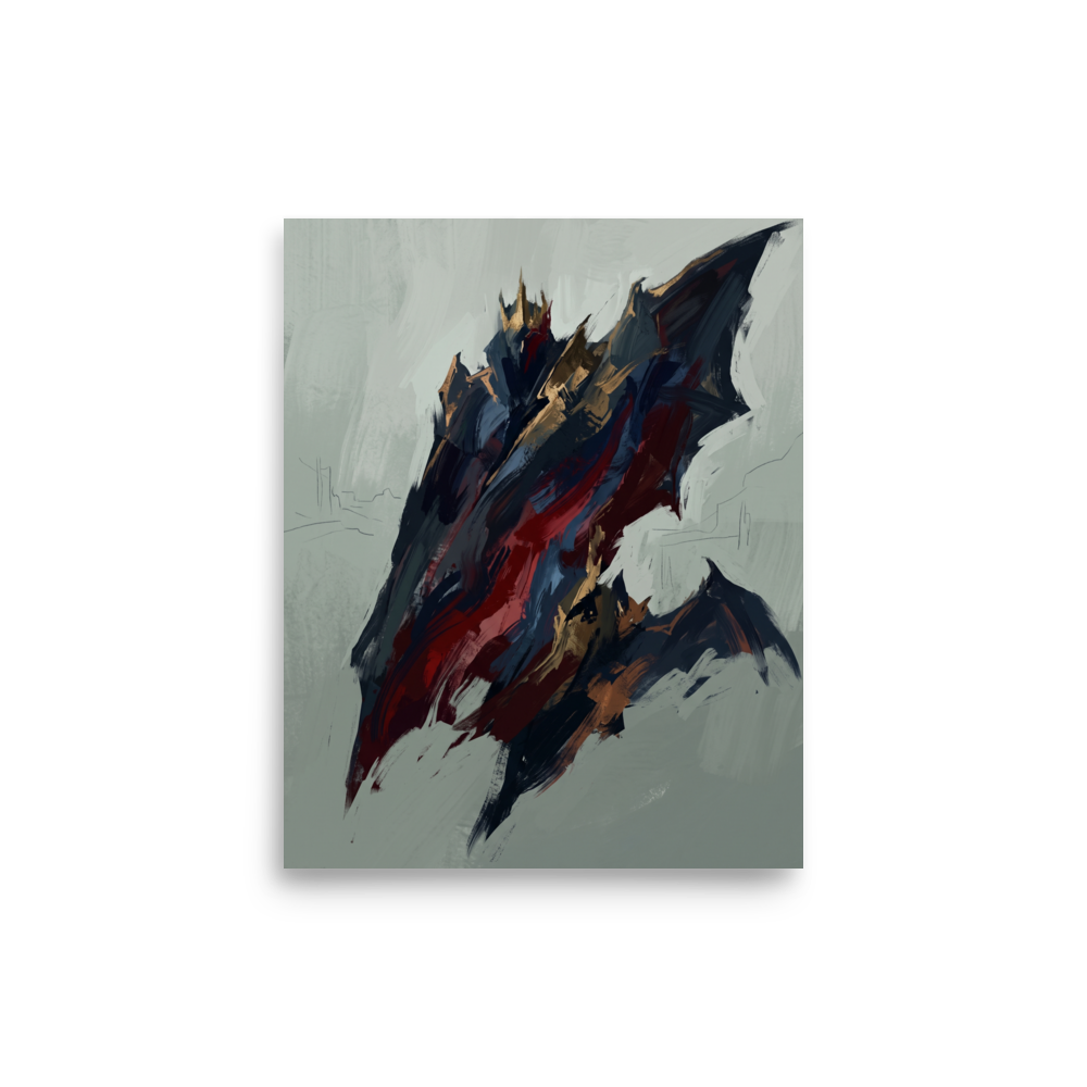 A brooding scene in navy and dark red, 'The Crimson King'. An abstract painting of a crowned, bat-winged figure in dark navy and crimson strokes, perfect for a gothic Office or Man Cave.