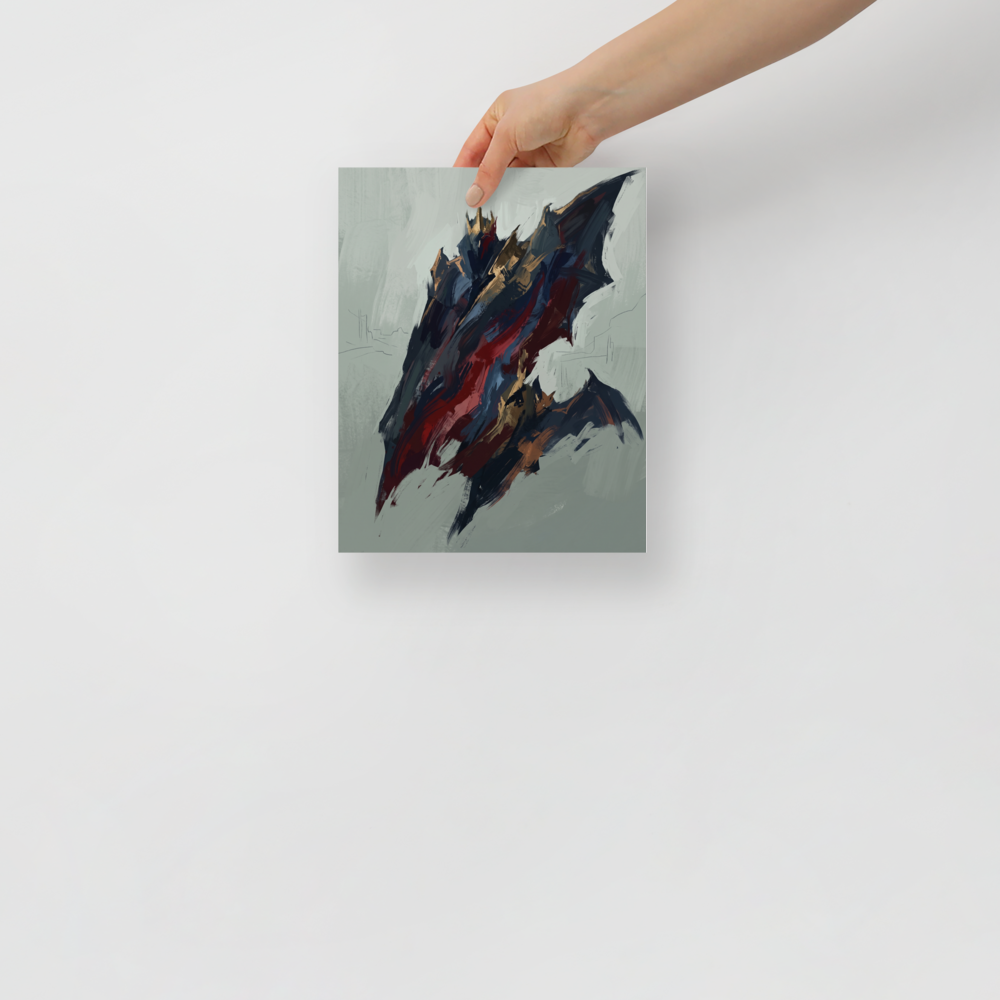 Wall art print 'The Crimson King' in a Abstract expressionism style. An abstract painting of a crowned, bat-winged figure in dark navy and crimson strokes, perfect for a gothic Office or Man Cave.