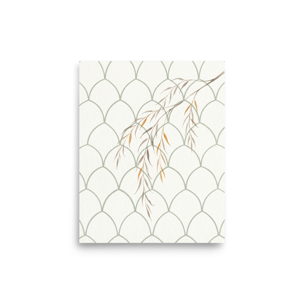 Delicate watercolor willow branch layered over a sage green arched grid pattern, ideal for a bathroom. A Geometric abstract art print in dark sea green and tan, 'Willow on Sage Arch'.
