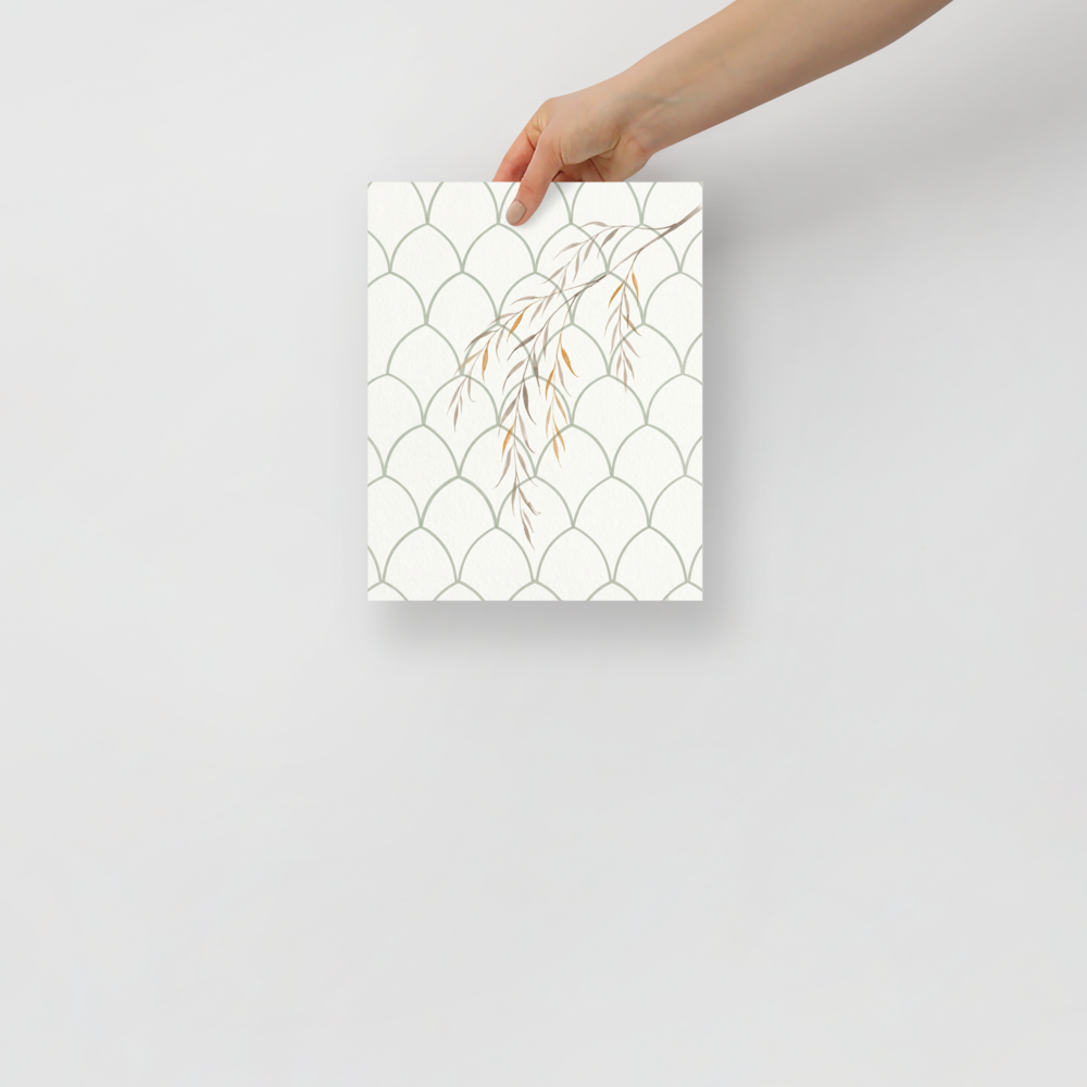 Delicate watercolor willow branch layered over a sage green arched grid pattern, ideal for a bathroom. A calmness piece titled 'Willow on Sage Arch'.