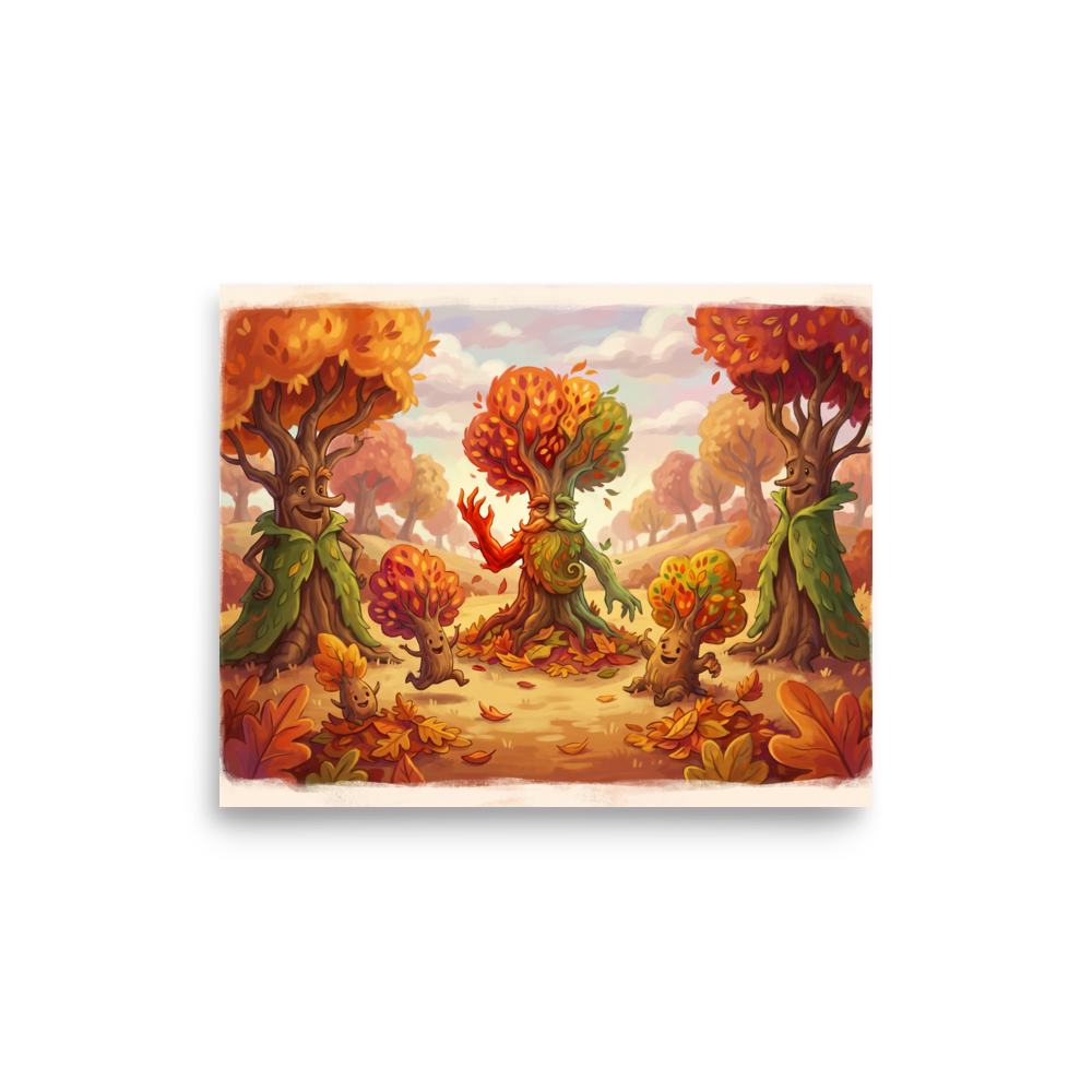 Fine art print 'The Forest Elders' in a Animation style. A vibrant illustration of anthropomorphic autumn trees and playful saplings in a sunlit forest, ideal for a playroom or nursery.