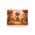 Fine art print 'The Forest Elders' in a Animation style. A vibrant illustration of anthropomorphic autumn trees and playful saplings in a sunlit forest, ideal for a playroom or nursery.