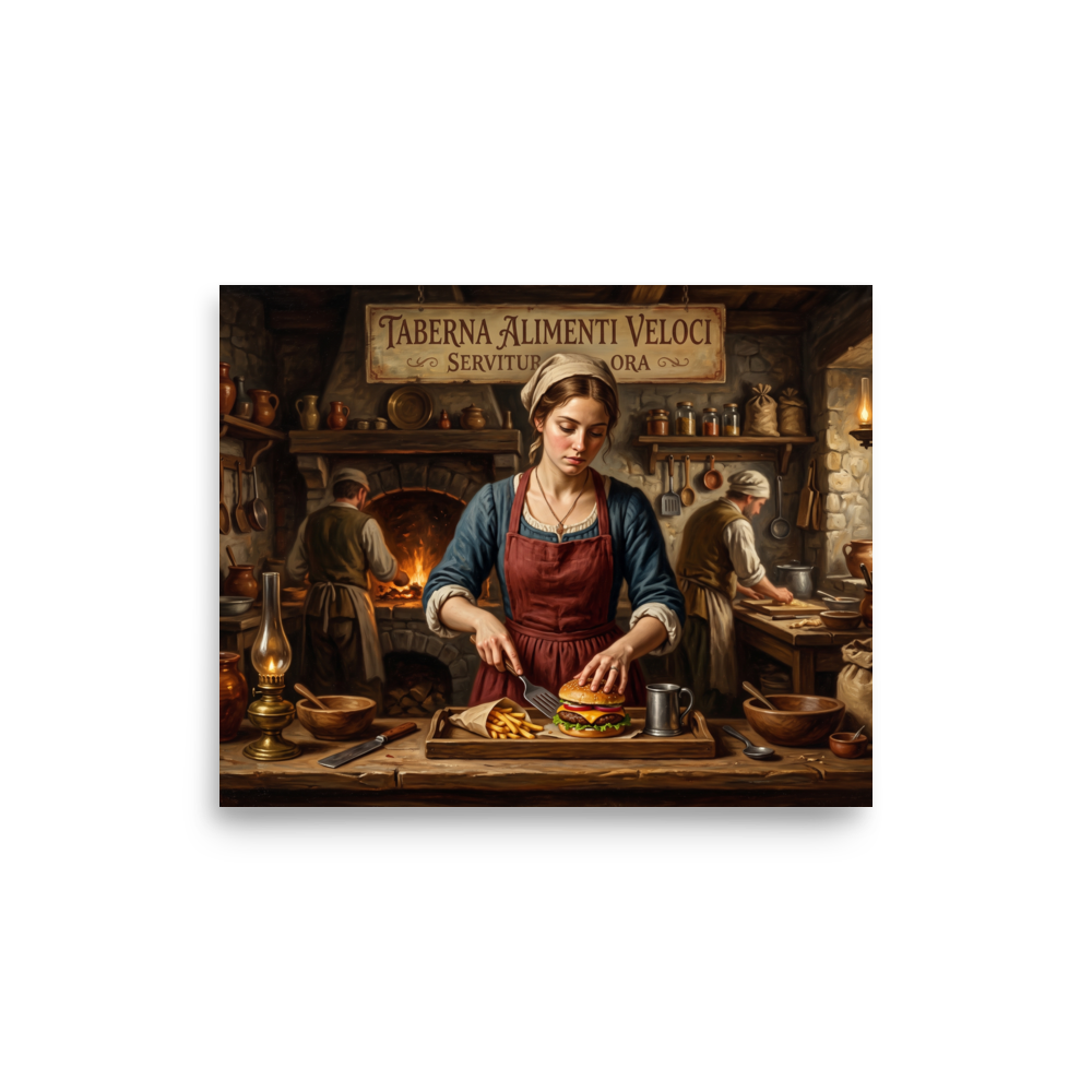 A amusement / humorous scene in brown and red, 'Taberna Alimenti Veloci'. An oil painting of a Renaissance kitchen maid under a sign reading Taberna Alimenti Veloci serving a cheeseburger and french fries on a wooden counter, perfect for a kitchen or dining room.