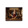A amusement / humorous scene in brown and red, 'Taberna Alimenti Veloci'. An oil painting of a Renaissance kitchen maid under a sign reading Taberna Alimenti Veloci serving a cheeseburger and french fries on a wooden counter, perfect for a kitchen or dining room.