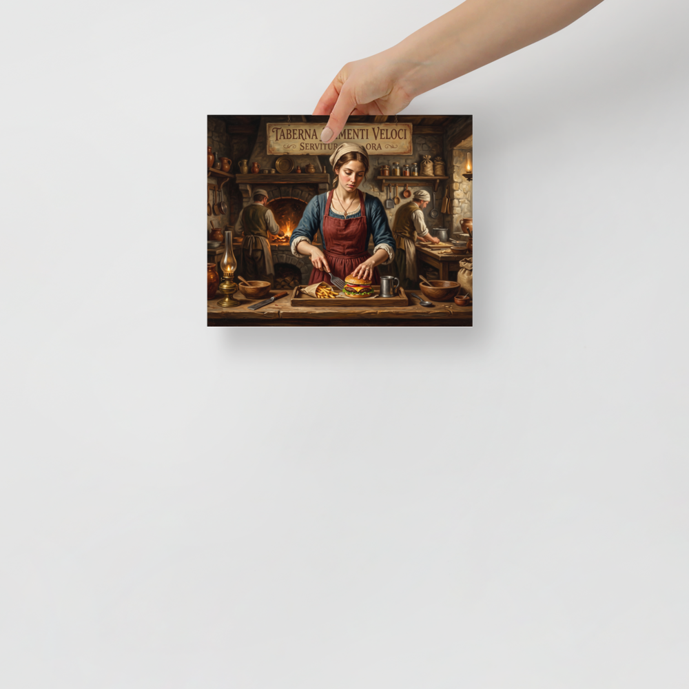 An oil painting of a Renaissance kitchen maid under a sign reading Taberna Alimenti Veloci serving a cheeseburger and french fries on a wooden counter, perfect for a kitchen or dining room. A Renaissance print in brown and red, 'Taberna Alimenti Veloci'.