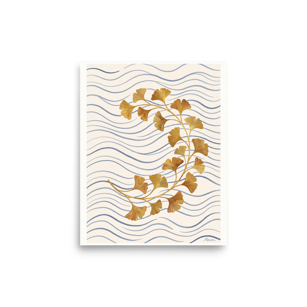 Curving golden ginkgo branch over soft blue wavy background lines on a beige backdrop, ideal for a bedroom. A Japanese art print in gold and slate blue, 'Golden Ginkgo Breeze'.