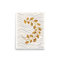 Curving golden ginkgo branch over soft blue wavy background lines on a beige backdrop, ideal for a bedroom. A Japanese art print in gold and slate blue, 'Golden Ginkgo Breeze'.
