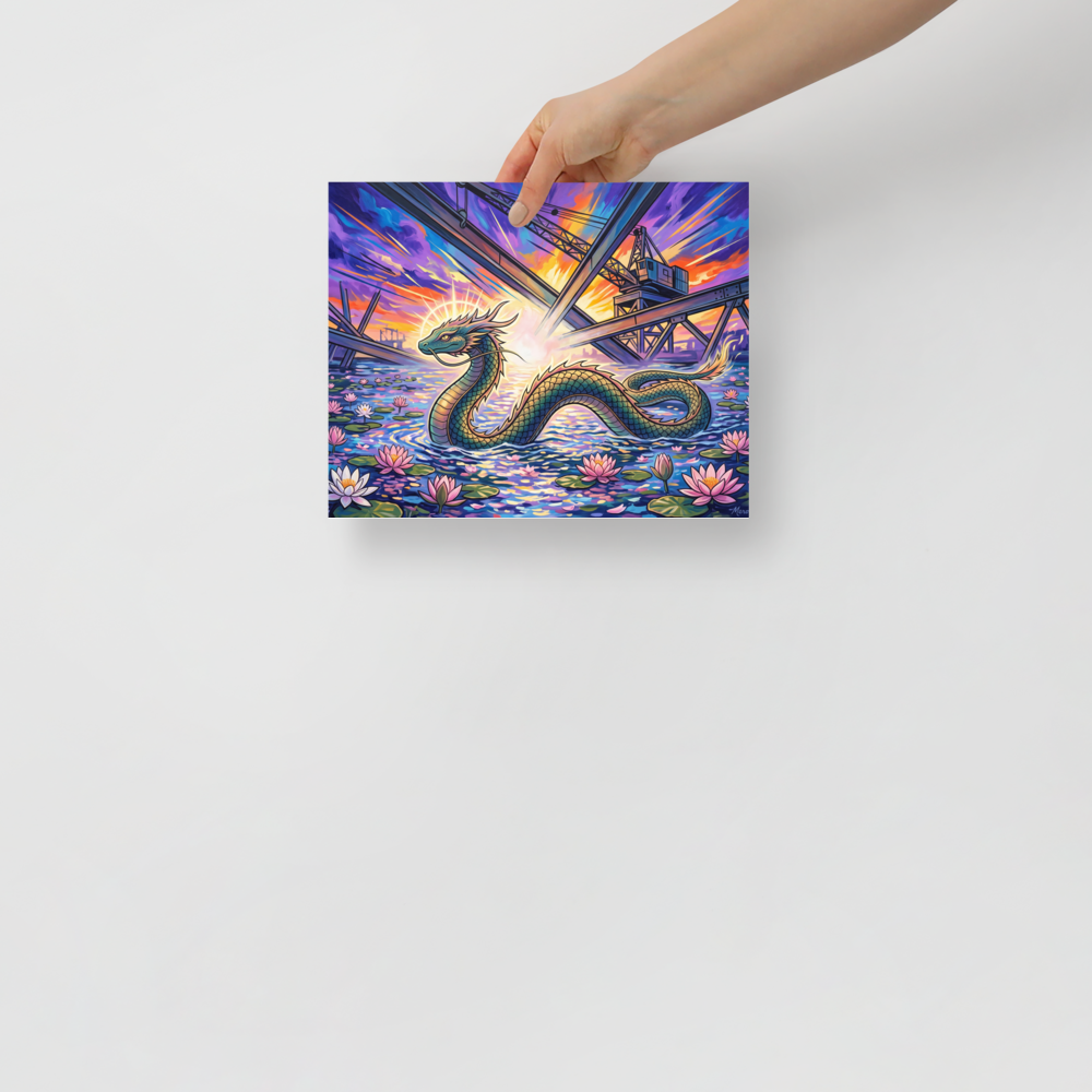 Japanese art wall art exploring mythology, 'Harbor Dragon'. Vivid surreal illustration of a mythical sea dragon swimming among lotus flowers beneath industrial cranes, perfect for a bedroom.